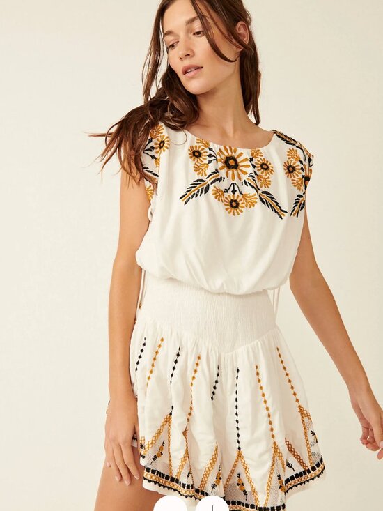 Free People Pants - Free People Catalina Embroidered Romper XS Ivory Floral Smocked Waist